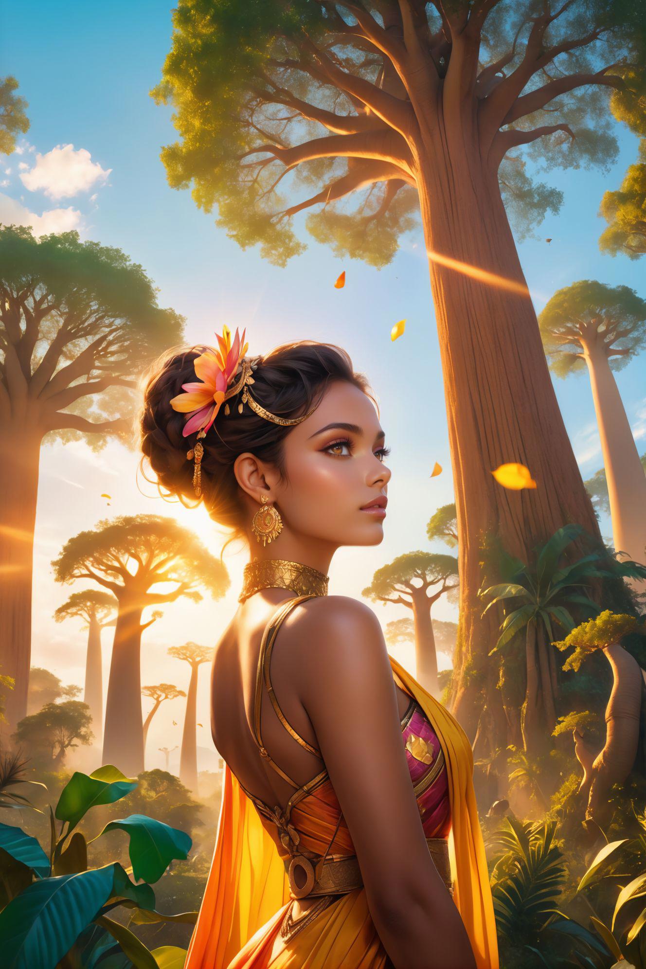 Film grain, full body photograph, portrait, close up of a In a surreal and otherworldly scene, the portrait depicts a serene Mindy Lahiri, surrounded by a group of Baobabs. The scene is set in a lush jungle, Flat Art, cinematic atmosphere, striking, complimentary colors, positive emotional, fantastic aesthetic, magical, elaborate, 4k, 8k, best quality, masterpiece, ultra highres, extremely detailed, absurdres, HDR, breathtaking, award-winning, professional, highly detailed, breathtaking, award-winning, professional, highly detailed, captivating colors, unconventional masterpiece, best quality, dramatic lighting, epic cinematic, soft nature lights, rim light, absurd detail, amazing, intricate, hyper detailed, ultra realistic, soft colors, emotionalization, high-end texture, dynamic angle, dynamic posture,  tension shot, visual impact, official art, colorful, vibrant color,
golden hour, movie perspective, advertising style, fashion photography style, glowing ambiance, luminous lighting,
innocence, mysterious, surreal, film grain texture, analog photography aesthetic, visual storytelling, dynamic composition,