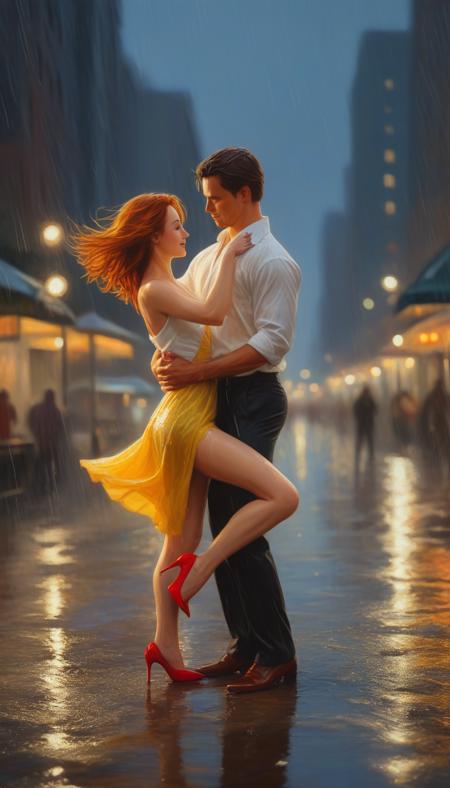 An enchanting oil painting of a couple mid-dance, as the man lifts the woman gracefully above the rain-soaked pavement. Her yellow dress flutters around her, the slit revealing her legs as she arches her body elegantly. Her red heels glimmer against the soft evening light, and her auburn hair flows in the wind. The man, wearing a fitted white shirt and dark trousers, holds her effortlessly, his strong arms emphasizing their deep connection. The glowing twilight cityscape in the background and the wet reflections on the ground enhance the romantic and cinematic feel