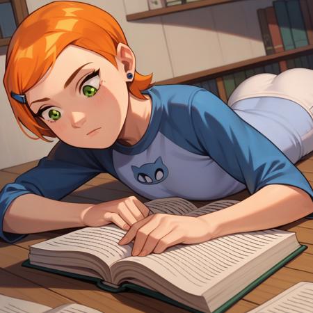 gwen_ten, orange hair, short hair, green eyes, earrings, hairclip, raglan sleeves