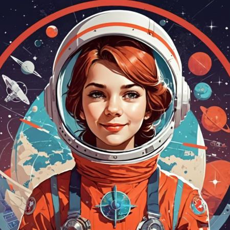 Simple Vector Art, USSR soviet cosmonaut young 15 yo beautiful girl, slight smile, futuristic space helmet , abstract mecha gear, soviet satellite, flat vector style, sticker, 2D flat, simple shapes, minimalistic, professional graphic, flat color, high contrast, Simple Vector Art, constructivist style USSR soviet cosmonaut young 15 yo beautiful girl, slight smile, futuristic space helmet , abstract mecha gear, soviet satellite, flat vector style, sticker . geometric shapes, bold colors, dynamic composition, propaganda art style