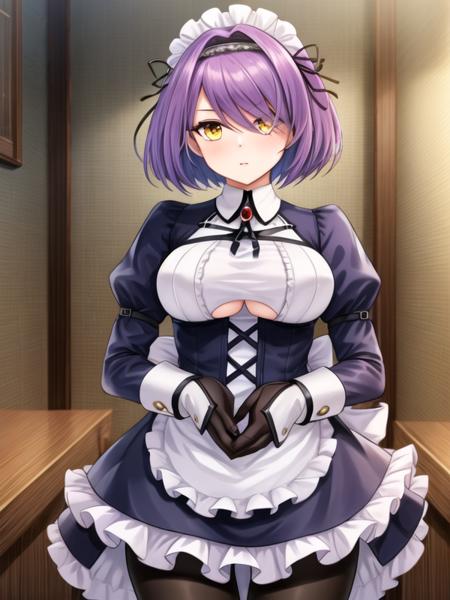 Gloucester,purple hair, short hair,yellow eyes, maid headdress, maid, pantyhose, long sleeves, 