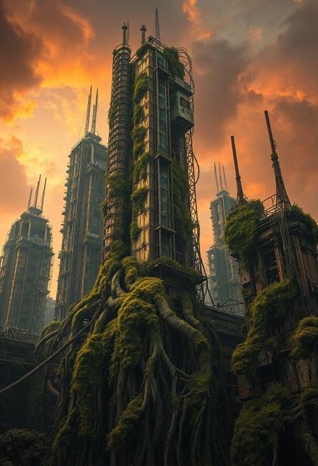 Masterpiece, 32K resolution, ultra-detailed, cinematic realism, HDR lighting, a forgotten mechanical city overtaken by massive roots and twisted vines, organic forms reclaiming rusted skyscrapers, nature fusing with machine, moss-draped steel, surreal textures, overgrown elegance, dark orange sky with heavy and dense clouds