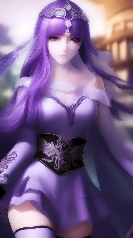 masterpiece, (best quality:1.4), (ultra highres:1.2),4K quality, (delicate illustration:1.4),(8k, RAW photo:1.2),1girl,veil,purple eyes, purple hair,  armor, dress,thighhighs, thigh boots, wide sleeves,<lora:shaosiming_13200:1>,cowboy shot,