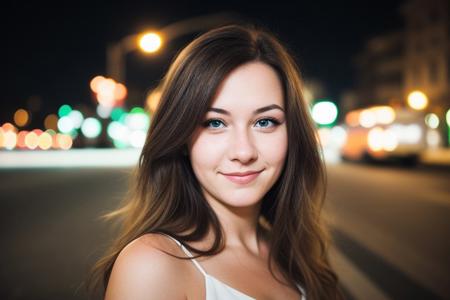 instagram photo, closeup face photo of 18 y.o swedish woman in dress, beautiful face, makeup, night city street, bokeh, motion blur