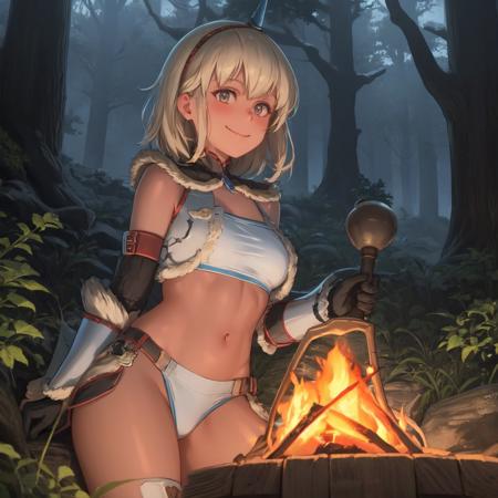 masterpiece, illustration, 8k, realistic shadows, volumetric lighting, cute, ambient lighting, colorful, cowboy shot, textured skin, shiny skin, blush, beautiful  detailed shadows, hyperrealistic, realistic, ultra realistic, smile
1girl, solo, kirin (armor), midriff, boots, horn, gloves, forest, sword, dark forest, hairband, standing, dynamic pose, fur-trimmed, sitting, campfire, night