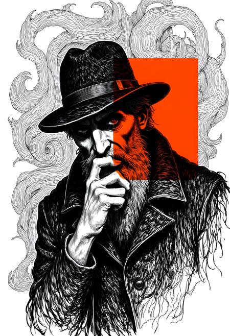 c1nna_sh4de, This image is a highly detailed, ink sketch drawing of an elderly man, executed in a modern, stylized manner. The subject is a man with a prominent beard, wearing a hat and a thoughtful expression. He appears to be in deep contemplation, with his head slightly bowed and his right hand grasping his chin. His skin texture and facial features are meticulously detailed with delicate line work, conveying a sense of age, wisdom, and depth. The background features intricate, swirling lines in various shades of gray, giving a dynamic and somewhat abstract appearance. There's an abstract rectangular shape in a burnt orange hue, partially covering the lower portion of the man's face, adding a striking contrast to the predominantly monochromatic palette. The man's attire includes a textured, dark coat, suggested by loose, sweeping lines and shading that indicate depth and material. The hat he wears is a wide-brimmed, possibly a fedora or similar, adding to the sense of contemplative solitude.