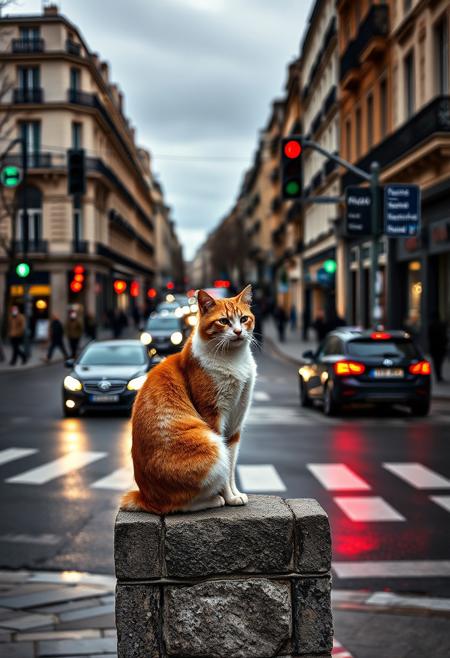 (Soft Lighting Photography by Mimoza Veliu and Mario Giacomelli:1.2), NSFW, Paris hummed with a quiet energy, its streets alive yet subdued under the soft glow of early evening. The air carried the faint scent of rain that had passed earlier in the day,
In this urban tapestry, a cat sat perched on a low stone wall at the corner of a street, its presence both striking and unassuming. 
the cat gaze was directed toward the bustling intersection before her, where traffic lights blinked green and red in rhythmic succession. Cars moved steadily along the road, their headlights reflecting off the wet asphalt, while pedestrians hurried past, their silhouettes blurred by the motion and the distance. 
The buildings lining the street were a mix of old and new in Paris , their facades weathered but charming, adorned with balconies and windows. orange-and-white stripes stark against the gray backdrop of the overcast sky.