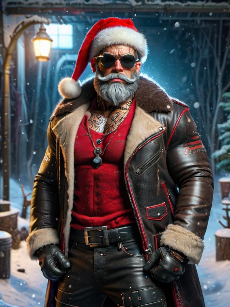 A character wearing a Santa hat, leather jacket, and sunglasses in a winter setting.