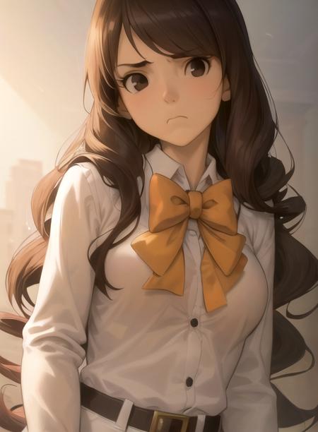 best quality, (masterpiece),(ultra-detailed), (high quality), (high resolution),  <lora:emmya-10:0.7>,1girl, black eyes, bow, bowtie, brown eyes, brown hair, clenched hand, closed mouth, emmy altava, frown, long hair, long sleeves, medium breasts,  school uniform, solo, white background, white shirt,yellow jacket,