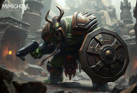 Mimighoul Dungeon's Techno-horror Goliath, dynamic pose, gun & shield, brown & green armor, Mimighoul Dungeon backdrop, isometric view, action, grammer effect splash ink, octane render, Unreal Engine 5, Raphael & Houdini style, vivid emotions, detailed eyes, CGSociety, Artstation trending, golden ratio, 4k, lifelike, matte painting.