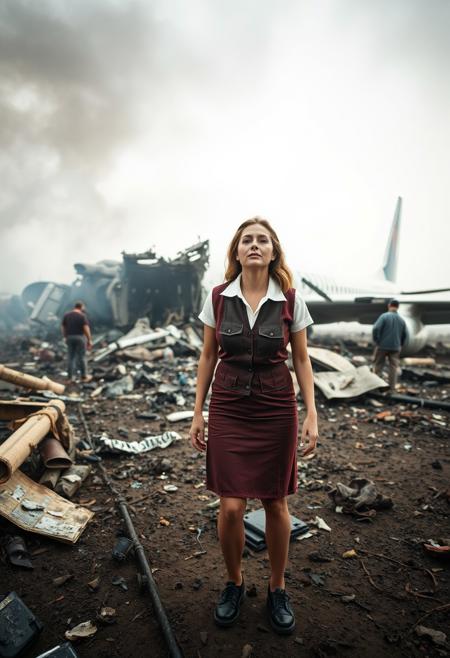 stewardess, standing on ground in plane wreckage, torn clothing, she is a plane crash survivor, afraid, view from the ground up, smoke everywhere, graphic photo