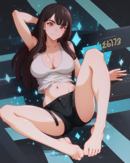 Tifa, red eyes, eyelid, face shadow, finely detailed, best quality, large breasts, cleavage, full body, detailed iris. smug expression, beautiful lighting, white tank top, black shorts, sexy legs, large butt,  water swirling around the character, colorful refraction, disheveled hair, marvelous illustration, detailed splash <lora:srgrafoStyleLora_srgrafoV1:1>