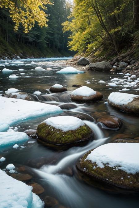 RAW photo, Denmark, delicate nature, wild nature, picturesque scenery, pristine vegetation, calm sky, majestic landscape, enchanting atmosphere, icy river, crystal water, sunlight illuminates the icy water, photorealistic, masterpiece, 64k, UHD, ultra detailed, vivid colors, high quality, sharp focus