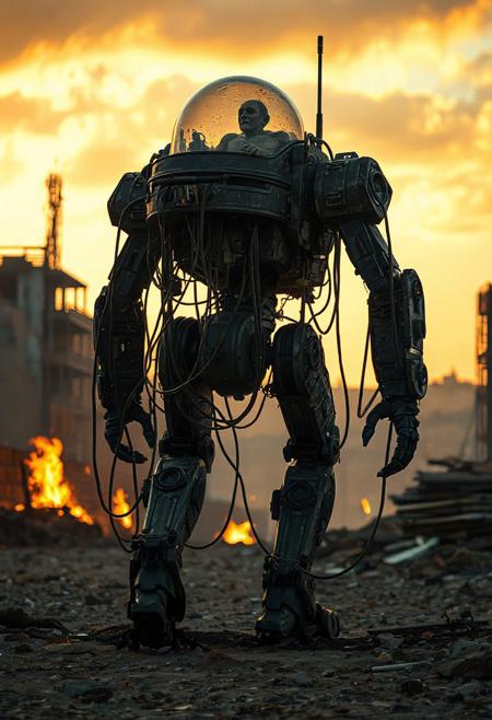 It is dawn. Various fires light up the area. an action filled movie shot of a tall walking mecha robot with a lot of dangling cables and visible machinery in a broken urban setting. The robot has a backpack with a glass dome. Inside the dome is the withered remains of an old human. The human is used to power the robot and is connected with cables. realistic, the robot is engaged in warfare, combat, sitting in a combat position with one knee up and one hand on the ground. 4k, futuristic, fallout-inspired, Retrofuturism, atomic-punk