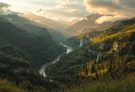 ((Densely forested. )) An Elvish city in a vast green mountainous valley with rolling hills and misty peaks. The landscape is covered in dense forests, dotted with waterfalls cascading down rocky cliffs. A winding river snakes through the valley, reflecting the golden hues of a setting sun. Soft clouds hover over the highest summits, adding depth and grandeur to the scene. The atmosphere is serene, with a slight breeze rustling through the tall grass. Photorealistic, cinematic lighting, ultra-detailed textures.