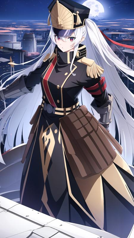 altair_recreators, 1girl, solo, long hair, red eyes, hat, ribbon, very long hair, white hair, uniform, military, military uniform, gauntlets, shako cap,