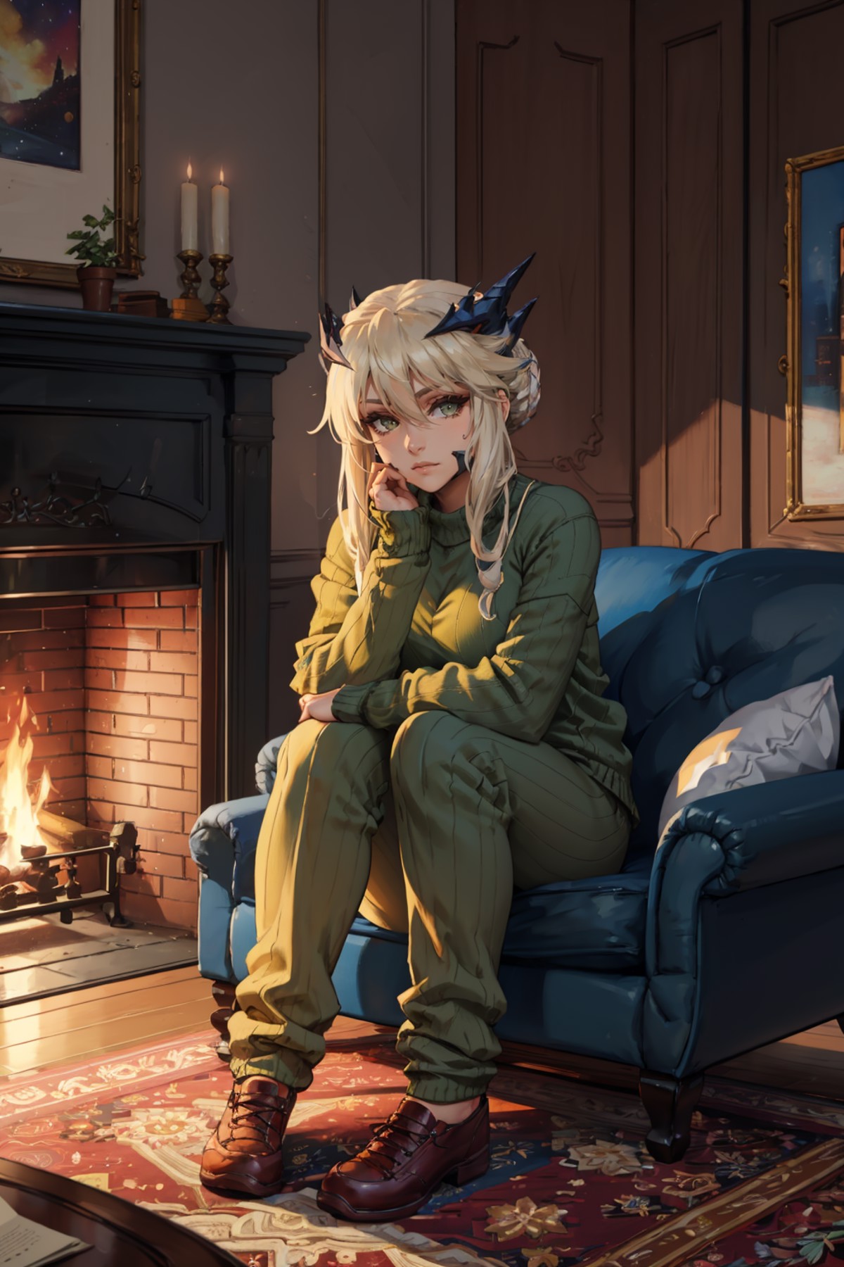 masterpiece, best quality, lancerAlter, green ribbed sweater, winter, house, fireplace, sweatpants, couch, looking at view...