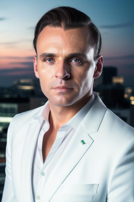 midnight raw photo of a man in a white suit, on a rooftop mansion party at night, 8k uhd, perfect face, clear eyes, clean shaven, <lora:anthonyHopkins:0.7>