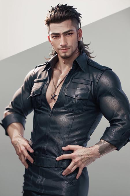 (masterpiece, best quality:1.2), <lora:ffxv_amicitia-11:1>, cowboy shot, solo, male focus, 1boy, gladiolus amicitia, muscular male, pectorals, arm tattoo, smile, closed mouth, looking at viewer, hands on hips, hair slicked back, scar across eye, jacket, black pants, necklace