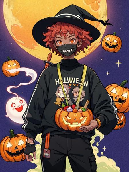 hezi, trend illustration, bright colors, pumpkin, jack-o'-lantern, afro, food, candy, striped, halloween, multiple boys, clown, lollipop, weapon, red hair, ring, sword, carrot, glowing eyes, glowing, knife, smile, mask, fruit, male focus, 1boy, heart, smoke, holding, moon, shirt, 6+boys, striped shirt, grin, vegetable, fire, long sleeves, jewelry, umbrella, balloon, looking at viewer, doughnut, hat, bracelet, tomato, stitches, pants, surreal, pumpkin hat, swirl lollipop, dark skin, holding weapon, eyeball, colored skin, meat, teeth, 1girl, ghost, floating, multiple persona, holding sword, solo