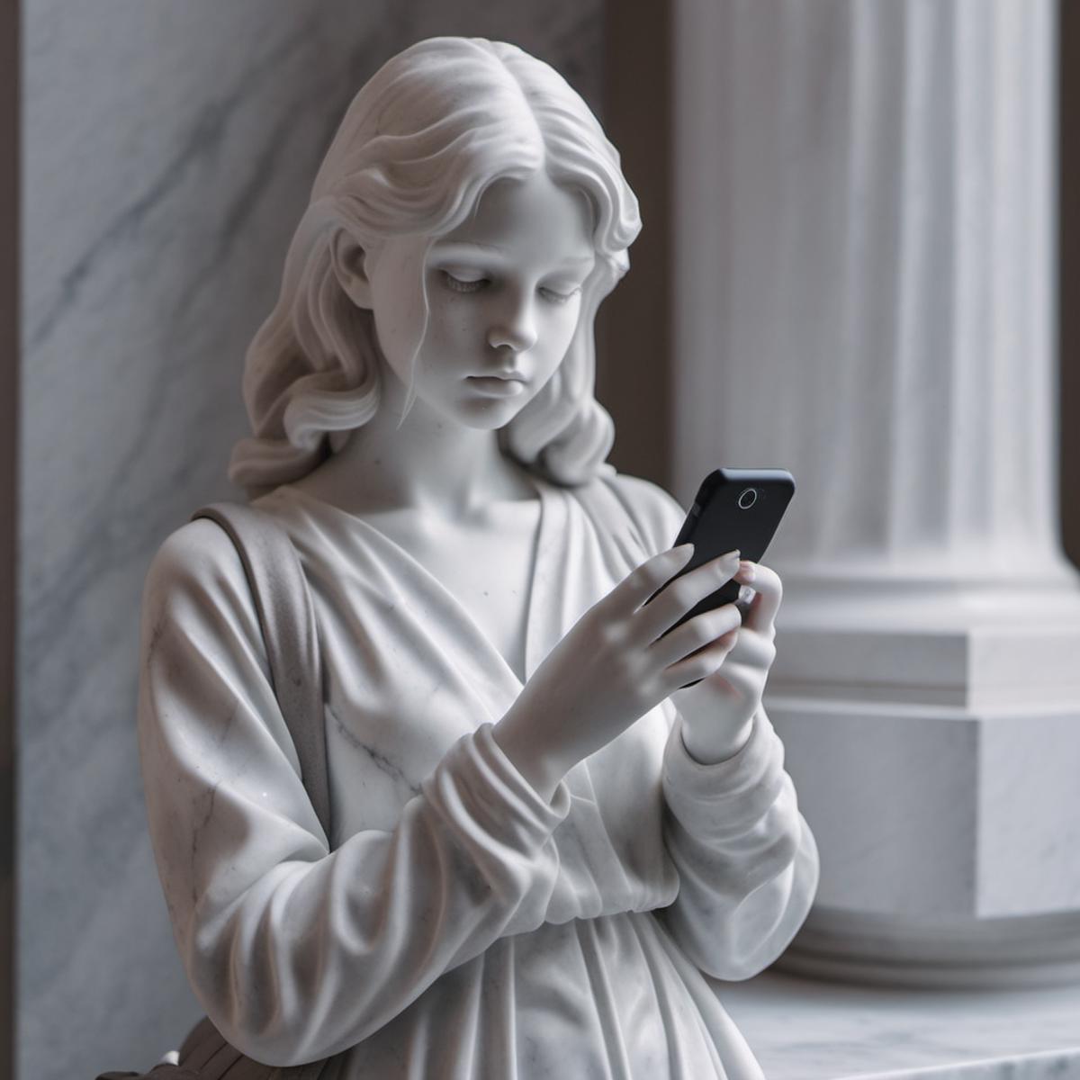 A statue of a girl looking at her cell phone.