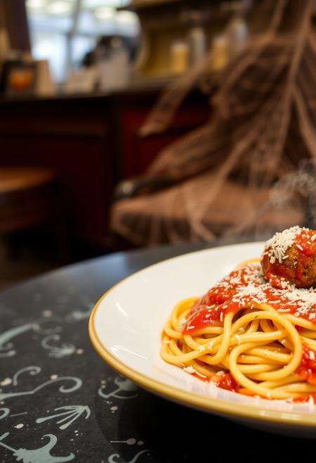 a perfect plate of spaquetti with meat balls, steamy, hot, tomate sauce and cheese, fancy italian counter,
