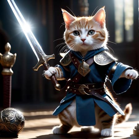 ((photo:1.2)), A cute cat battle mage, sword and shild with runes, dramatic lighting, dynamic pose, dynamic camera,masterpiece, best quality, dark shadows, ((dark fantasy)), detailed, realistic, 8k uhd, high quality