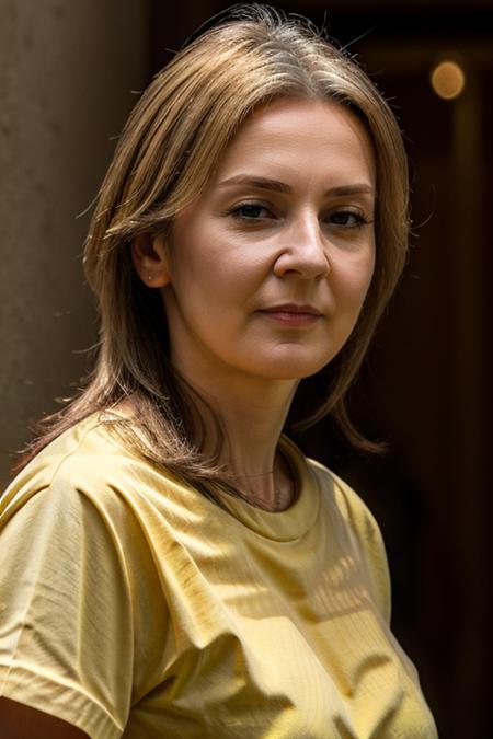 <lora:Liz_Truss:1> masterpiece, best quality, detailed face, 1woman, solo, a mature l1873t, realistic, yellow t-shirt