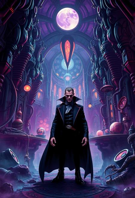 A captivating poster featuring a sinister space villain's lair with dark, twisted architecture and a grand, epic scale. The villain, with a striking and
Burton-esque appearance, stands in a room filled with futuristic technology and bizarre, surreal artifacts. The background is a blend of deep purples and blues, creating a sense of mystery and intrigue. The overall atmosphere is dark and captivating, drawing the viewer into the villain's world., poster