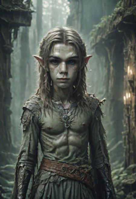photography in the style of Labirynth, the dark crystal  movies, green, close up of (nature) and (fantasy) creature with a (diminute) sword stained with (detailed:1.5), in a beautiful and ruined ,fantasy,hyper detailed, real skin imperfections, hard lighting, bokeh, ((curi:1.2))(inspire forms in most beautiful New race:1.4) (beautiful:1.4) (ambient fantasy:1.5)(warhammer world:1.0)(It has a bright sign behind which its text says"Fantasy":1.2)Perfil