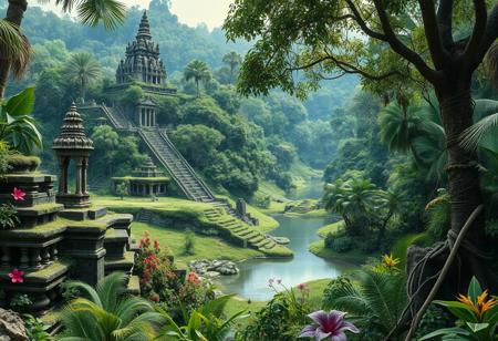 Realistic style. Overgrown monuments of an ancient civilization. There is tropical vegetation and a lake. The scene is vibrant and idyllic. Masterpiece,best quality,hi res,8k,hi res,8k,award winning,(sharp focus, intricate, highly detailed)