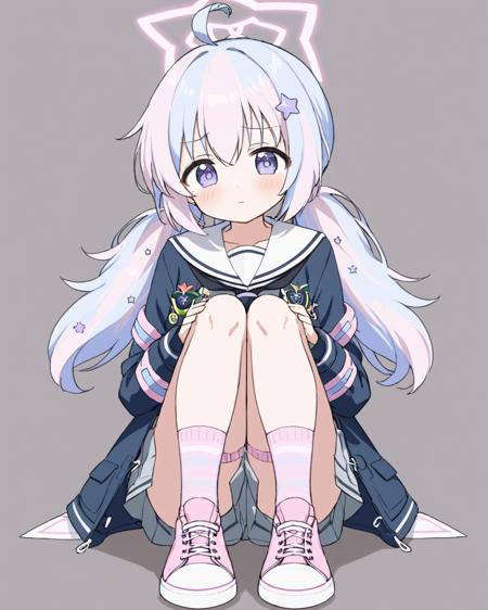 reisa \(blue archive\),1girl, star_hair_ornament, solo, star_\(symbol\), halo, striped_socks, sneakers, blush, sitting, tearing_up, long_sleeves, looking_at_viewer, bandaid_on_knee, ahoge, low_twintails, pleated_skirt, jacket, hugging_own_legs, simple_background, white_sailor_collar, grey_skirt, serafuku, pink_footwear, tears, border, pink_socks, closed_mouth
<lora:reisa_(blue_archive)_image894_2023-11-28:1>halo. gorgeous,key visual, vibrant, studio anime,award-winning, professional, highly detailed,high budget, cinemascope