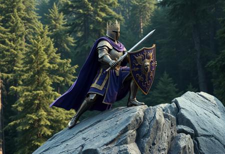 Majestic knight in dynamic stance on jagged gray rock. Regal purple and gold armor, detailed crown. Wielding sword and shield. Against a lush, contrasting forest backdrop. Highly intricate details, sharp focus. Dramatic, captivating lighting. Impeccable composition, creative angle, golden ratio. Matte painting | Splash ink illustration | Octane Render | Unreal Engine 5 | Hint of Raphael and Houdini styles. 4k, High resolution, Masterpiece, Trending on Artstation HQ, CGSociety.