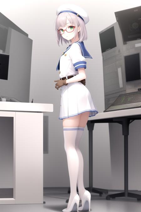 best quality, 1girl, standing, from side, looking back, looking at viewer, full body, in a control room,
neon \(nikke\) <lora:neon_nikke_v01:0.8>,
((brown gloves)), glasses, red eyewear, green eyes, white beret, medium hair, white shirt, sailor collar, blue tie, white skirt, miniskirt, thighhighs with blue lines, belt pouch, white footwear, high heels, golden buttons on chest,