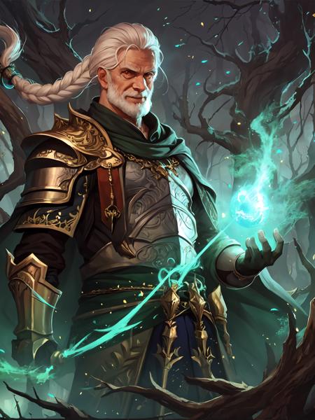 masterpiece,best quality,highres,cinematic lighting,dramatic angle,<lora:ShadowverseIzudiaV3-000036:0.8> ,1 old man,Izudia,armor,cape,holding weapon,bow \(weapon\),white hair,braided ponytail,jewelry,looking at viewer,evil smile,shaded face,clenched teeth,green fire,rotten woods,falling leaves,depth of field,magic,floating objects,portrait,from below,red eyes,teeth,forehead jewel