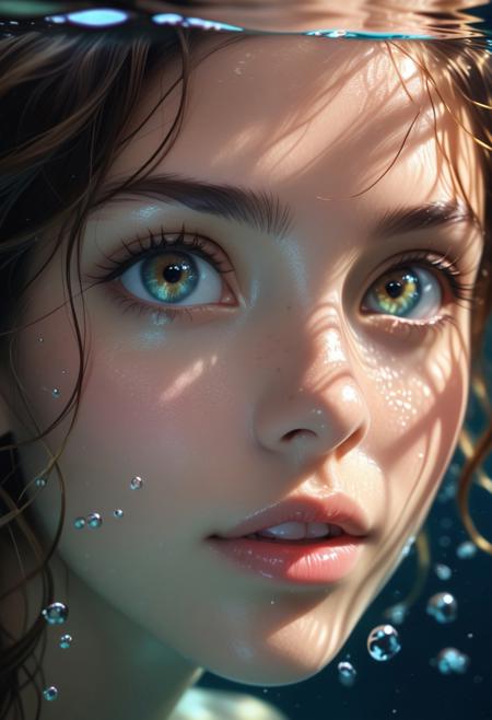 Extreme close-up professional underwater scene focusing on her face. (A woman, fanciful and beautiful underwater). Pure face complexion, radiant features. Beautiful, very detailed expressive eyes. A single water level. Photorealistic, natural ambient lighting, intricate details, 35mm photography, film, professional, 4K visuals, highly detailed, elegant, studio quality.