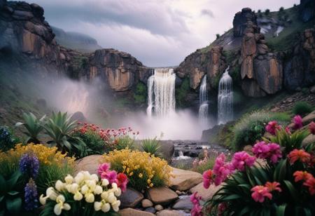realistic, photograph, detailed photography, high quality,  analog film grain, 85mm, 
Cinematic Hollywood Film, Cinematic Hollywood Film style, 
Lush plains, water stream, few rocks left frame, few bright colored plants in right frame, vivid flowers in foreground, waterfall in background, heavy rain, dark clouds, mist, dusk