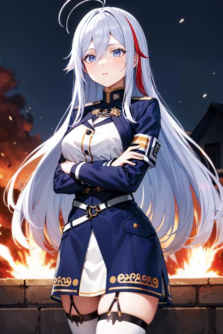 aalena, long hair, military hat, blue headwear, hair between eyes, medium breasts, military uniform, white shirt, blue jacket, armband, long sleeves, white belt, blue skirt, garter straps, white thighhighs