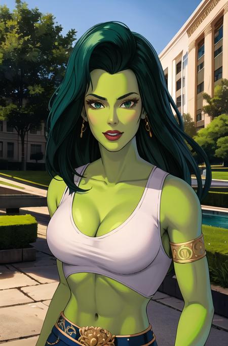 ((masterpiece)),((best quality)),((absurdres)),((ornate)),<lora:shehulk_v50:0.6>,shehulk_whitedress,shehulk_chr_face,green_skin,green_hair,short_hair,colored_skin,breasts,green_eyes,muscular,abs,cleavage,makeup,collarbone,lipstick,lips,waist jewelry belt,anklet,armband,armlet, jewelry, cleavage,revealing clothes,toned,curvy, narrow waist, solo,mature_female,looking_at_viewer,architecture,garden,stream,outdoors,gradient_sky,twilight,petals,magic,backlighting,light_particles,bokeh, blurry_background,colorful,official_art,photoshop_(medium),(incredibly_absurdres),(ornate_clothes),(vanishing_point),(dappled_sunlight),(depth_of_field),(scenery),(realistic),(masterpiece),