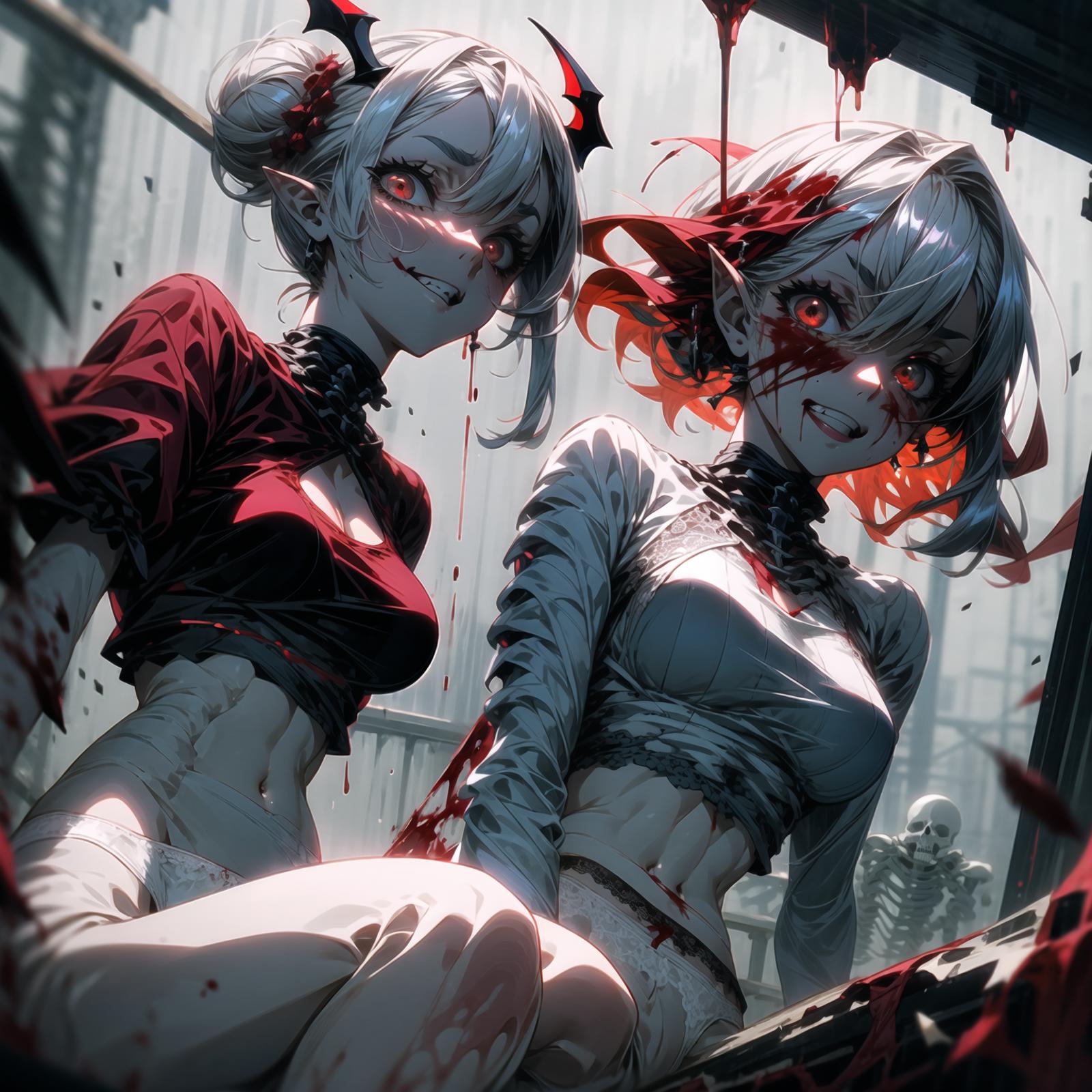 Two anime girls with blood on them and one with red eyes.