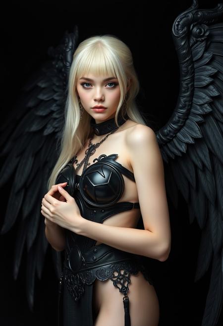 Medium shot of a beautiful albino japanese girl as an angel, black wings, black armour, sensual expression, black background, photography studio style