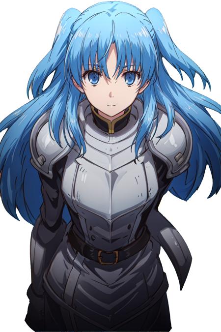 masterpiece,best quality,1girl, solo,blue hair, hair eyes, weapon, sidelocks, belt, sword, (armor), two side up,facing viewer, <lora:ChthollyV3-military:0.6>, white background, simple background, <lora:add_detail:0.5>