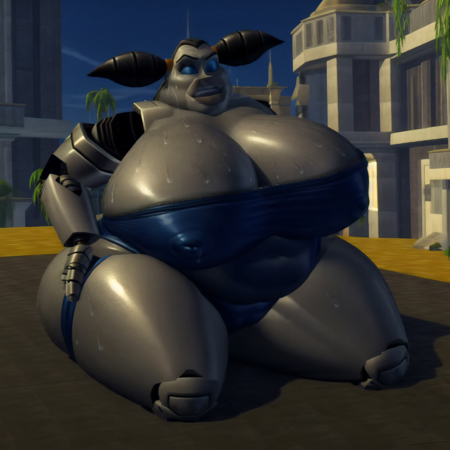 obese, female, robot, black shirt, blue pants, robotic hair in a pigtail, (gray skin:1.2)