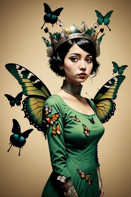 a woman in a green dress and a butterfly costume , solo, black hair, long sleeves, 1boy, hat, jewelry, closed mouth, standing, male focus, wings, wide sleeves, blurry, crown, butterfly wings , Street_Tones