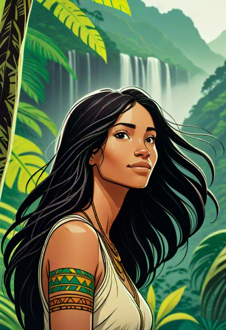 sideways portrait of indigenous brazilian woman, happy, flowing hair, dark hair, rainforest in the background, rule of thirds, in amazoniacore manga book style