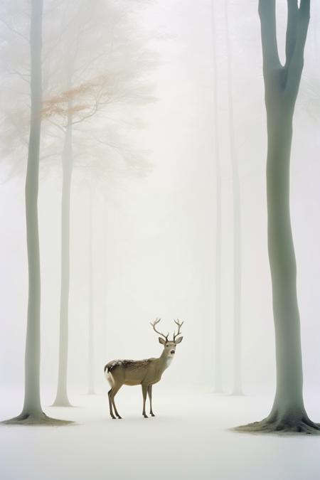 <lora:Akos Major style:1>Akos Major style - experimental photography of a deer in a white room, tree planted in the middle, white walls, clean, minimalistic, artificial landscape, diffused lights, misty atmosphere, by Maia Flore and Tim Walker and Marta Bevacqua and Terrence Malick style, portra160