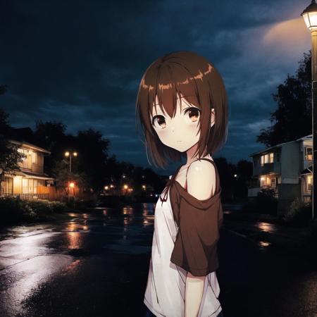 <lora:anime_irl:1>, anime_irl,  

 a street at night with a light on and a lamp post in the distance on the right side of the street, 1girl, brown eyes, brown hair, off shoulder, short hair, solo, valentine