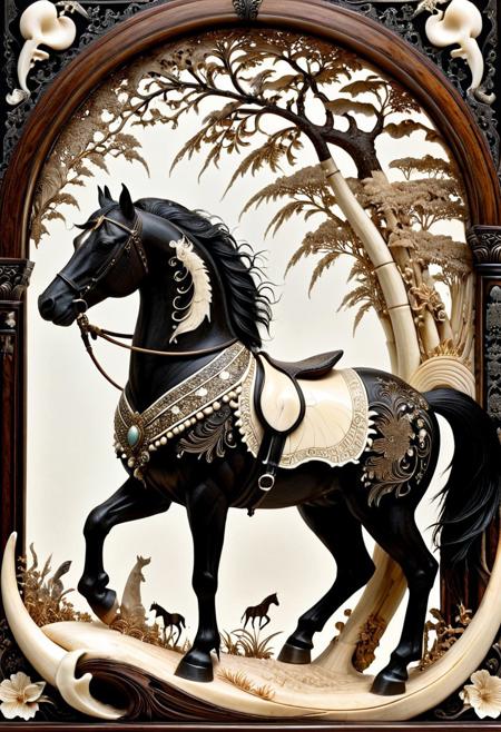 A royal horse adorned with ebony and ivory inlays, scrimshaw style, intricate engraved patterns on tusks and body, majestic posture, black and white ornamental contrast, hyper-detailed textures, carved bone and wood aesthetic, surreal and regal presence, tribal elegance, photorealistic lighting, standing in a misty savanna, fantasy realism, sdxl style