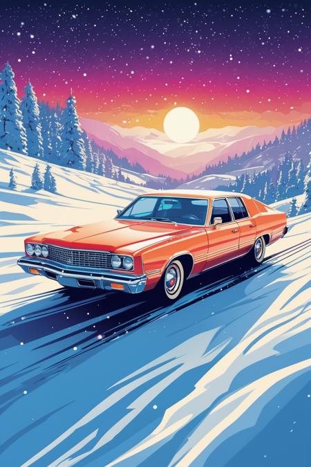 futuristic design, galaxy, and star tone, artwork of t-shirt graphic design, flat design of one retro ,retro car ,colorfull shades, winter snow magic ground, highly detailed clean, vector image, photorealistic masterpiece, professional photography, simple sunrise backdrop , flat white background, isometric, vibrant vector((white background))