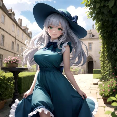 best quality, highly detailed, detailed background, female, green eyes, large breasts, blue dress, frills, very long hair, curly hair, summer hat, ribbon, bow, smiling, windy, storm, hidden garden, castle walls, archways, passage